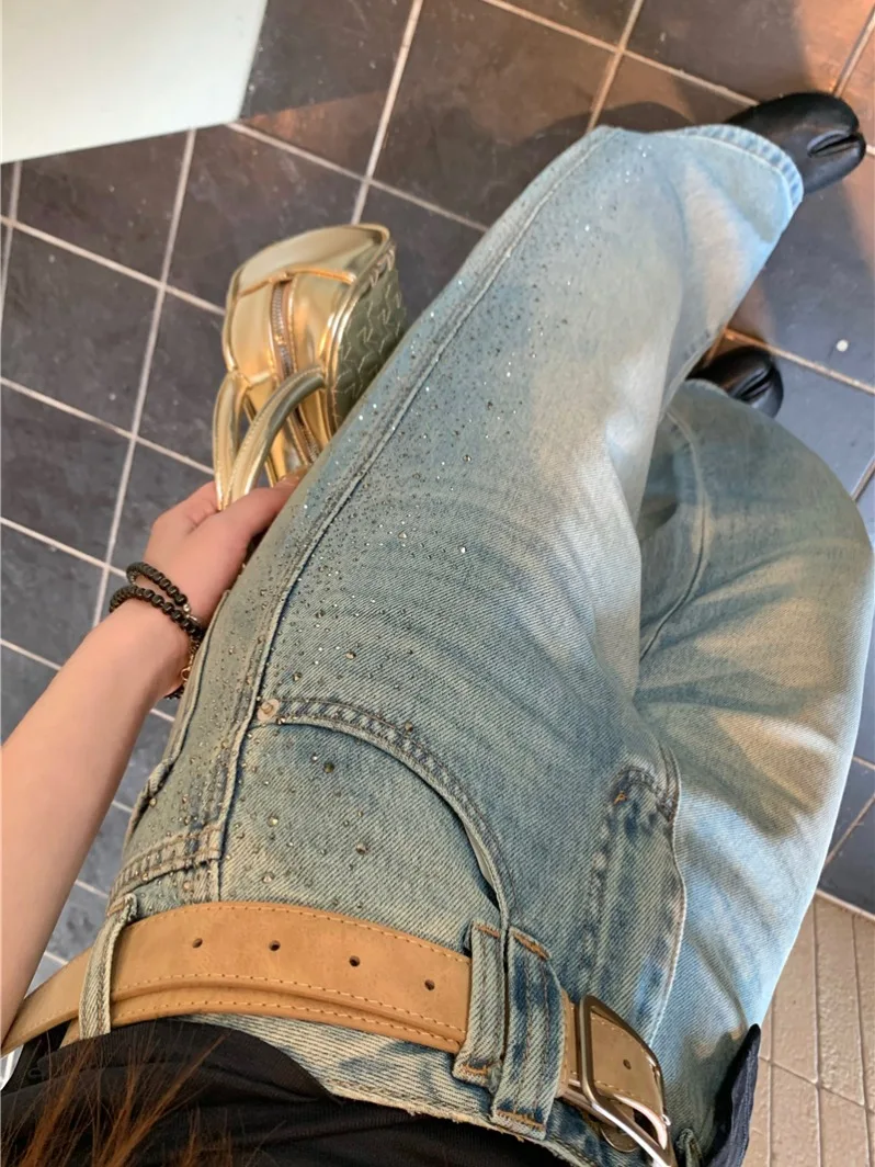 

Retro Blue Rhinestone Women's Jeans Spring Design Wide Leg Pants Washed Slimming Floor-Length Straight Leg Trousers