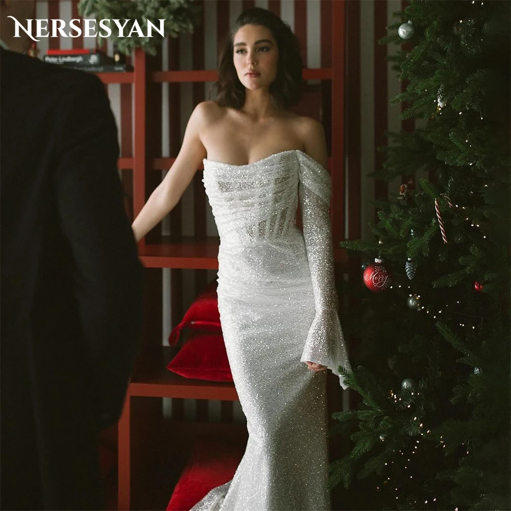 

Nersesyan Luxury Mermaid Glitter Wedding Dresses Pleated One Shoulder Off Shoulder Bridal Gowns Backless Sparkly Bride Dress