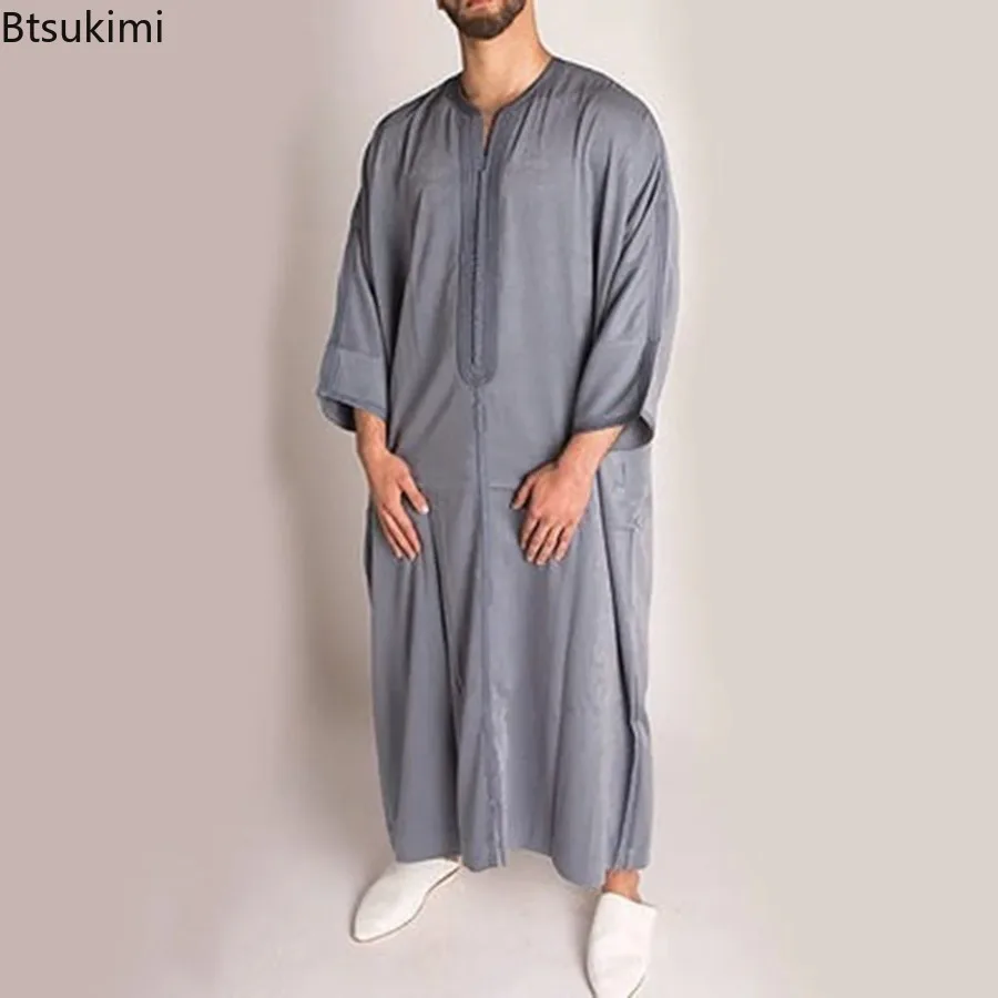 2025 Men Muslim Jubba Thobe Patchwork Striped V Neck Long Sleeve Caftan Dubai Robe Vintage Islamic Arabic Men Kaftan Men's Gift