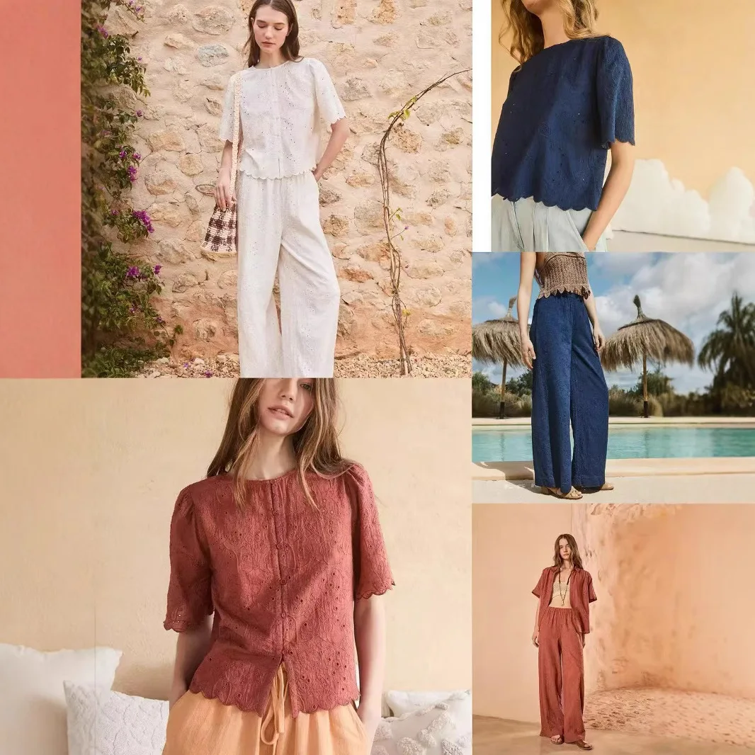 

Summer New Cotton Floral Embroidery Loose Straight Leg Pants High Waist irt And Pants Set Bell Sve Pure Cotton Loose Fit