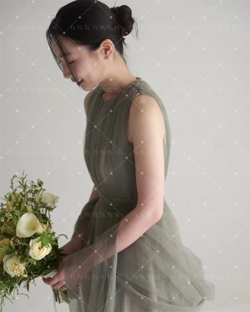 TL Simple Fairy Tulle A Line Korea Dresses Wedding Photo shoot Customised Jewel Neck Floor Length Prom Gowns Bride Dress Elegant