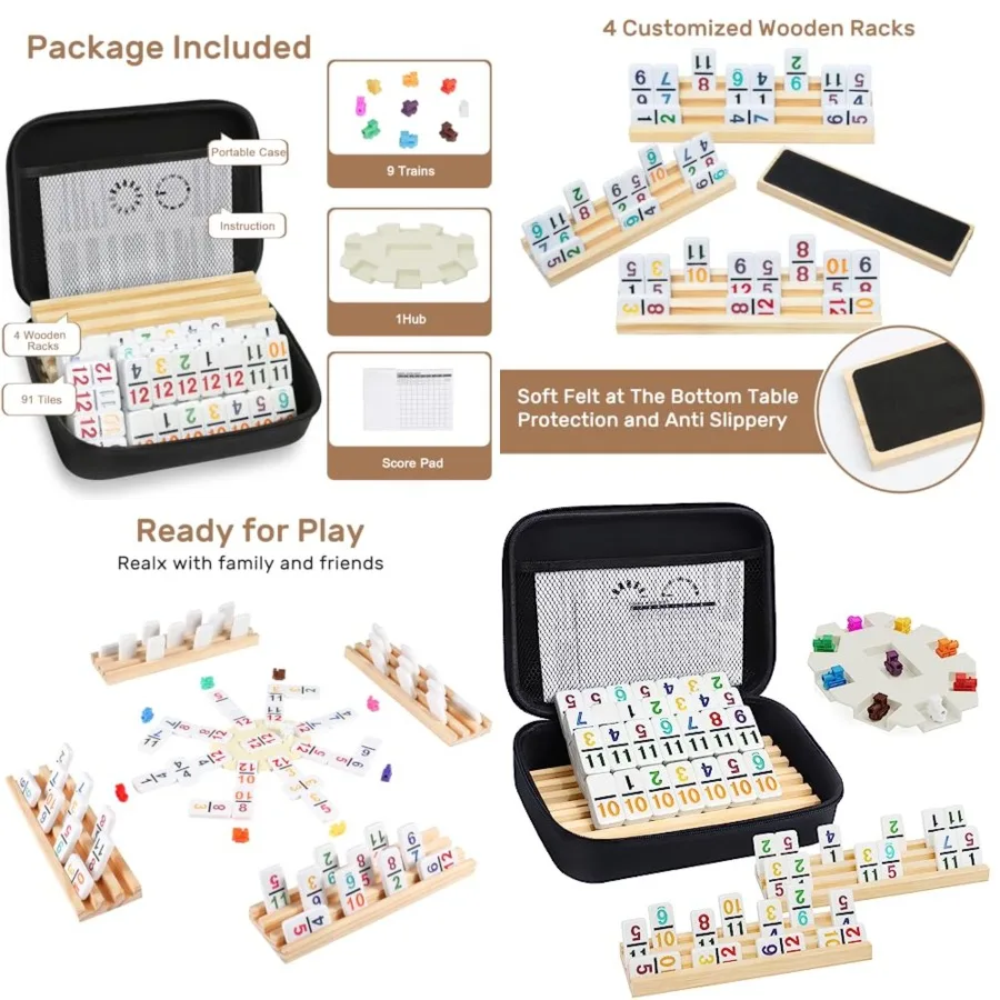 

Mexican Train Dominoes Set with Numbers and 4 Wooden Trays/Racks, Double 12 Dominos Travel Set with 4 Tiles Holders, 91 Tiles D