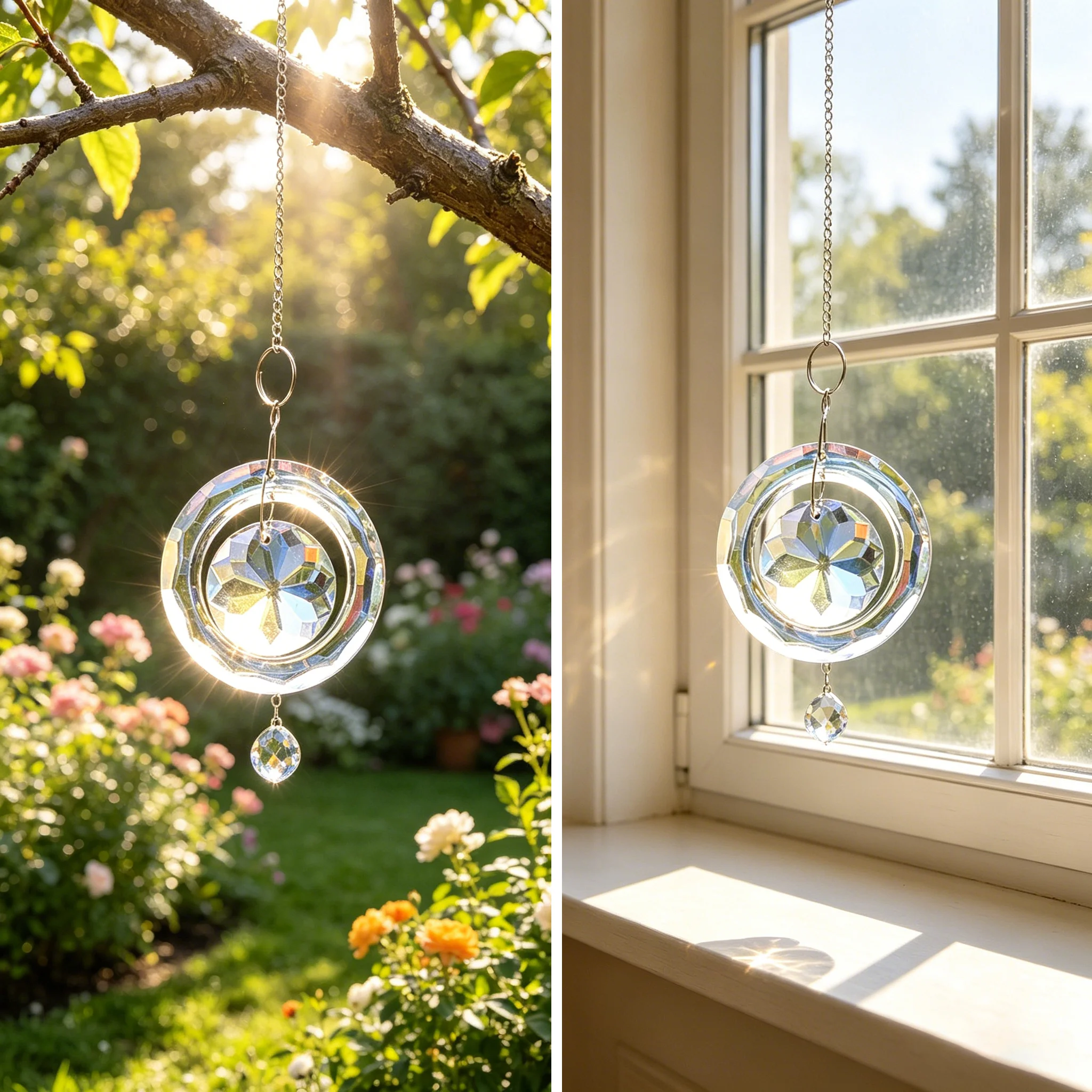 AB Multi Facet Iridescent Double Ring Concentric Circle Crystal Suncatcher Window Garden Rainbow Prism Healing Hanging Ornament