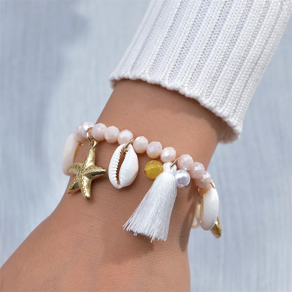 Elegant Imitation Pearl Bracelet Starfish Shell Turtle Pendant Bracelet Women Summer Party Dating Jewelry