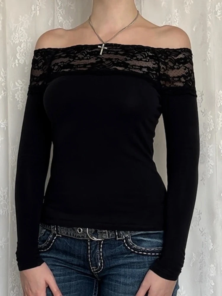 

Slash Neck Lace Patchwork T Shirt Elegant Sexy Skinny Long Sleeve T Shirts for Women Harajuku Y2k Aesthetic Women Shirts