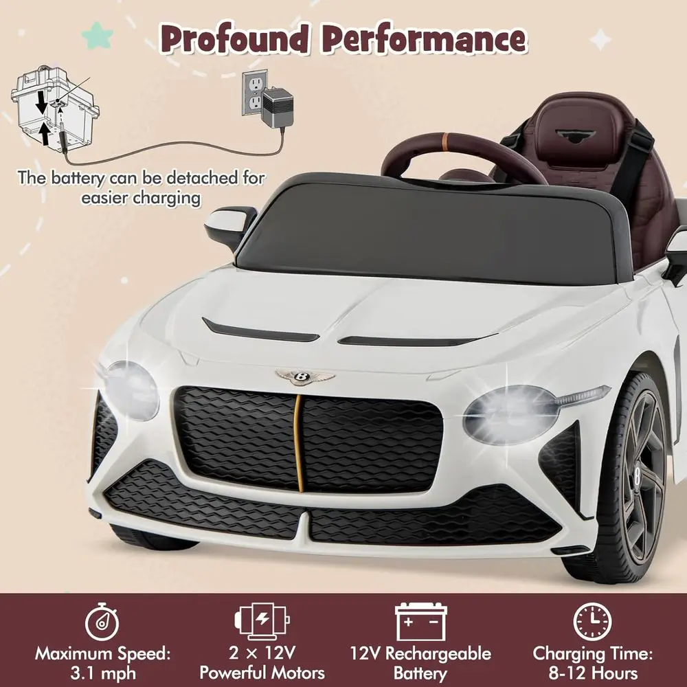 Ride on Car, 12V Licensed Bentley Bacalar Battery Powered Kids' Electric Vehicles w/Remote Control, Scissor Doors,Wireless,White