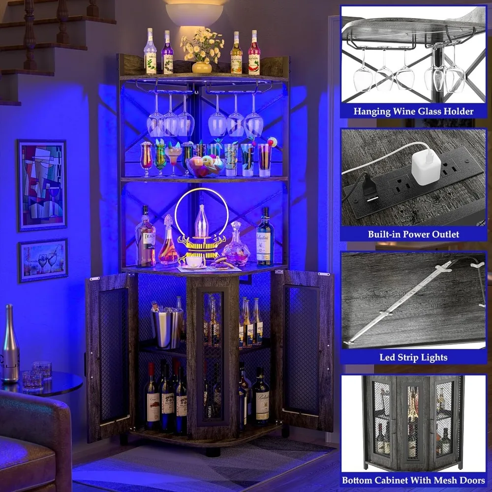 Armoire de bar d'angle avec prise de courant, cave à vin avec bande LED et porte-verre, meuble de bar français à 5 niveaux, chêne gris