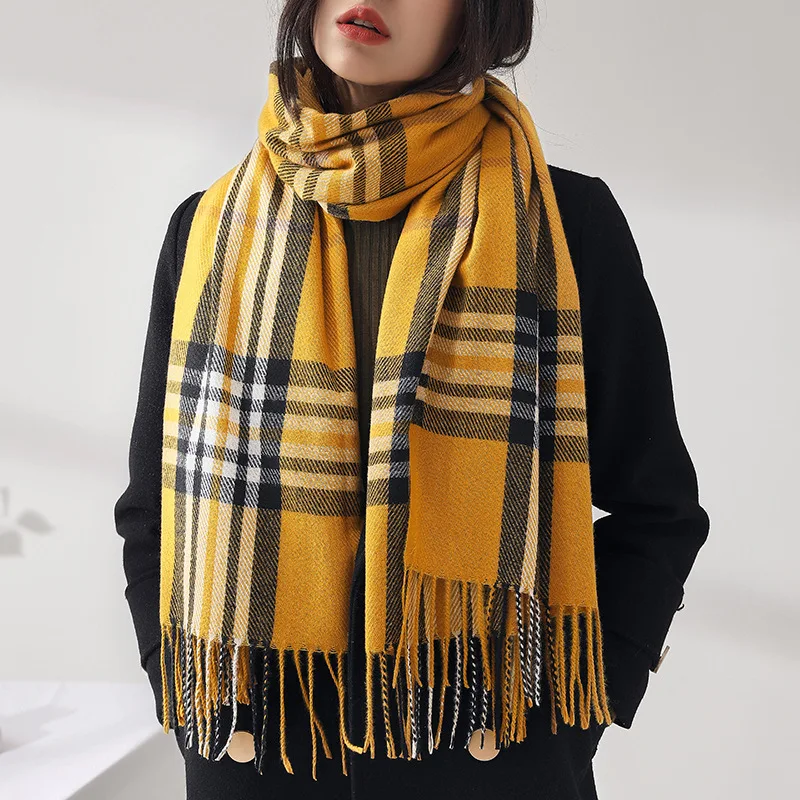 Winter Women Tassel Pashmina Shawl Plaid Stripe Hijab Thicker Warm Outdoor Windproof Cashmere Scarf Long Wraps