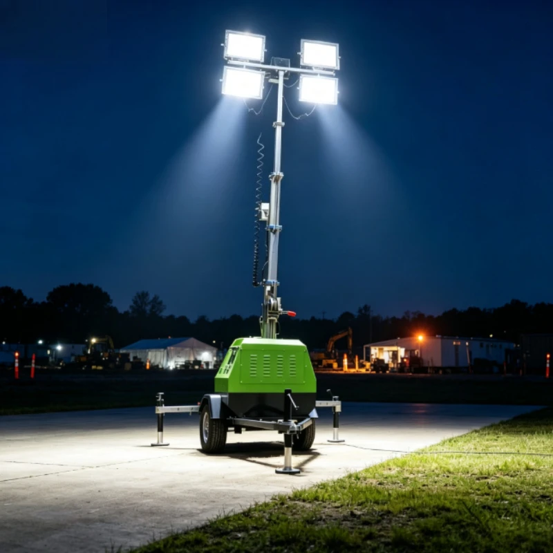 Mobile Lighting Tower Wheeled Body 7m Electric Rise Mast Four Powerful LED Lamps For Disaster Relief Lighting