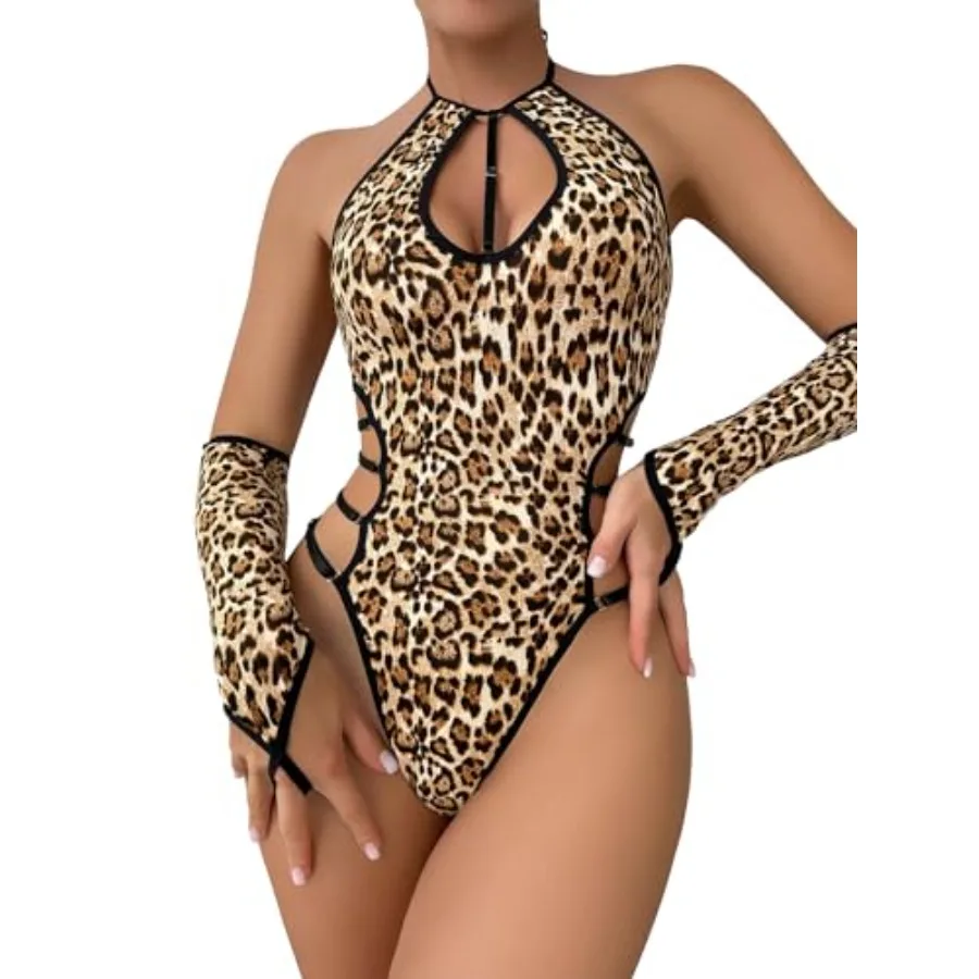 

WDIRARA Women's Leopard Print Cut Out Halter Backless Sexy Lingerie Teddy Bodysuit with Oversleeves
