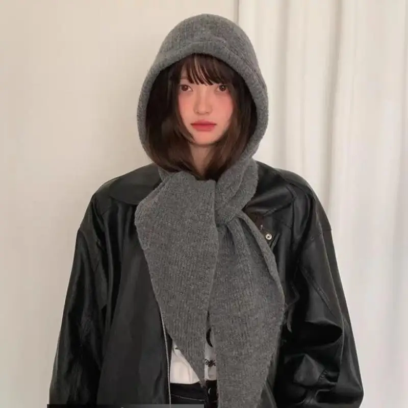 

Knitted Hooded Scarf Warm Balaclava Bonnet Women Beanies Hat Scarf One-piece Thickened Warm Neck Protection Beanies Cap