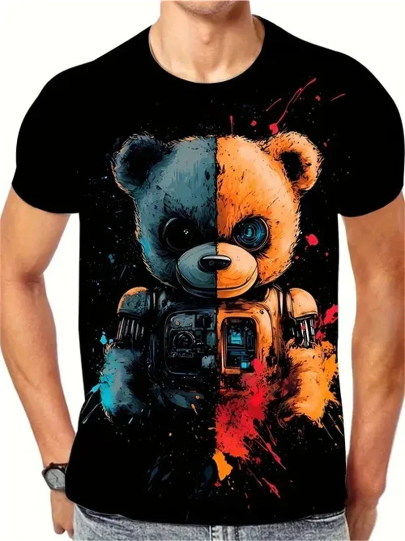 Modisches Herren-T-Shirt mit Roboter-Bär-Print, 3D-Grafik, Rundhalsausschnitt, Kurzarm, Coole Streetwear, Lässiges Atmungsaktives Oberteil