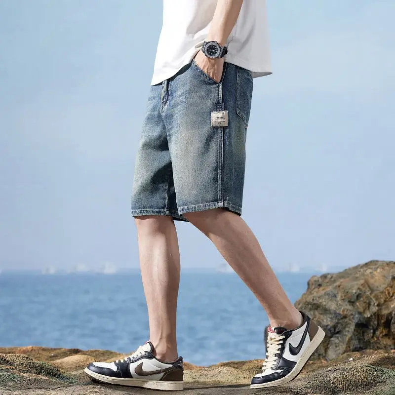 Летние винтажные джинсовые шорты, модные прямые повседневные свободные уличные джинсы-бермуды, мужские короткие брюки, уличная мужская одежда