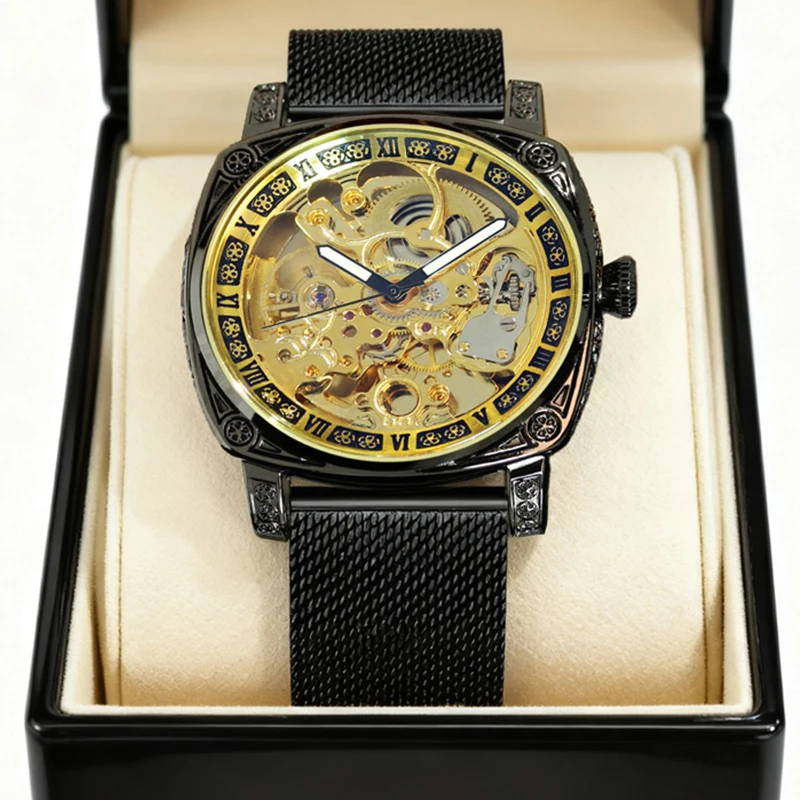 

Мужские желто-черные механические часы в винтажном светом и роскошном стиле с сетчатым ремешком с тонкой гравировкой.