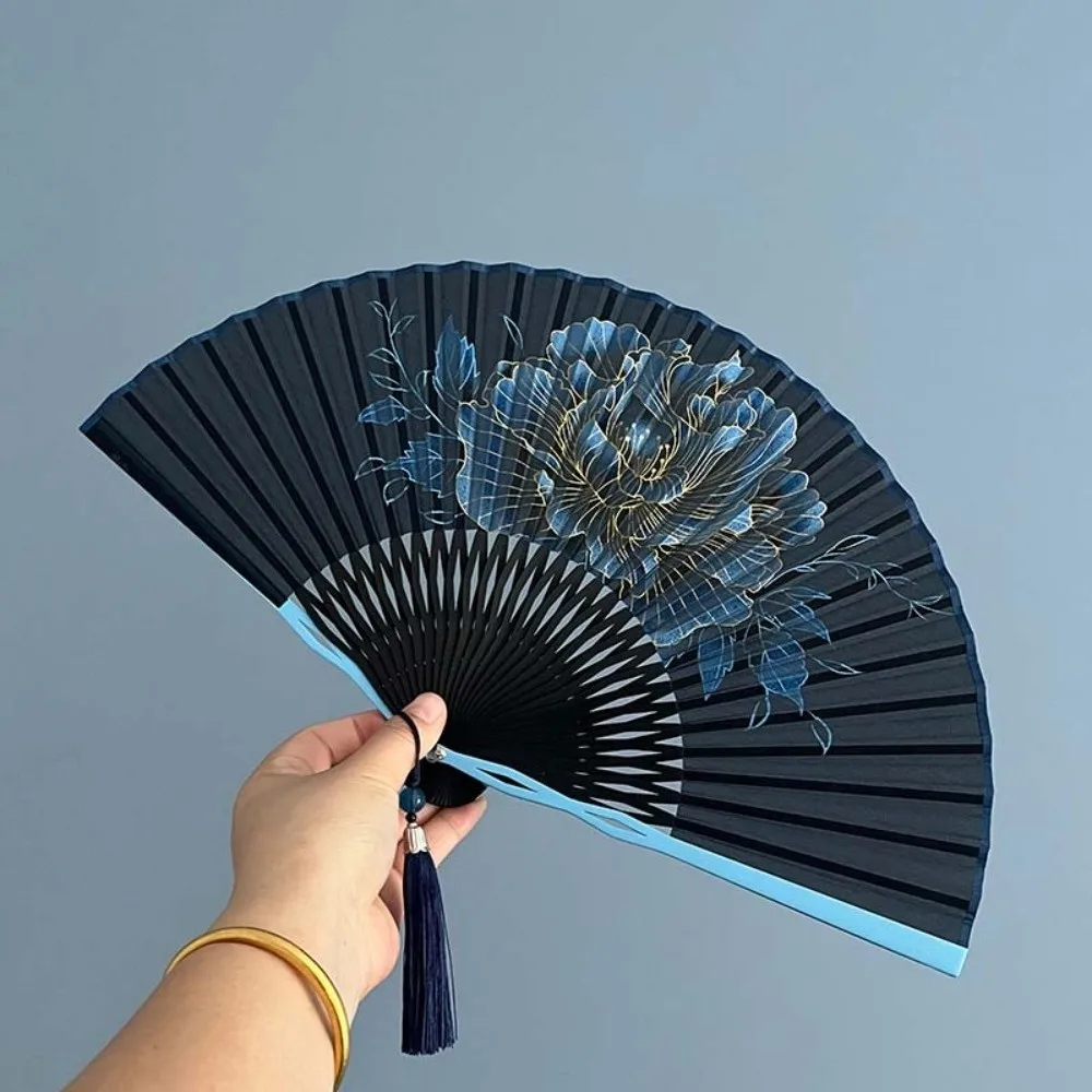 Silk Cloth Folding Hand Fan Bamboo Frame Peony Flower Retro Handheld Fan Decoration Shell-Shaped Dance Fan Home Decoration