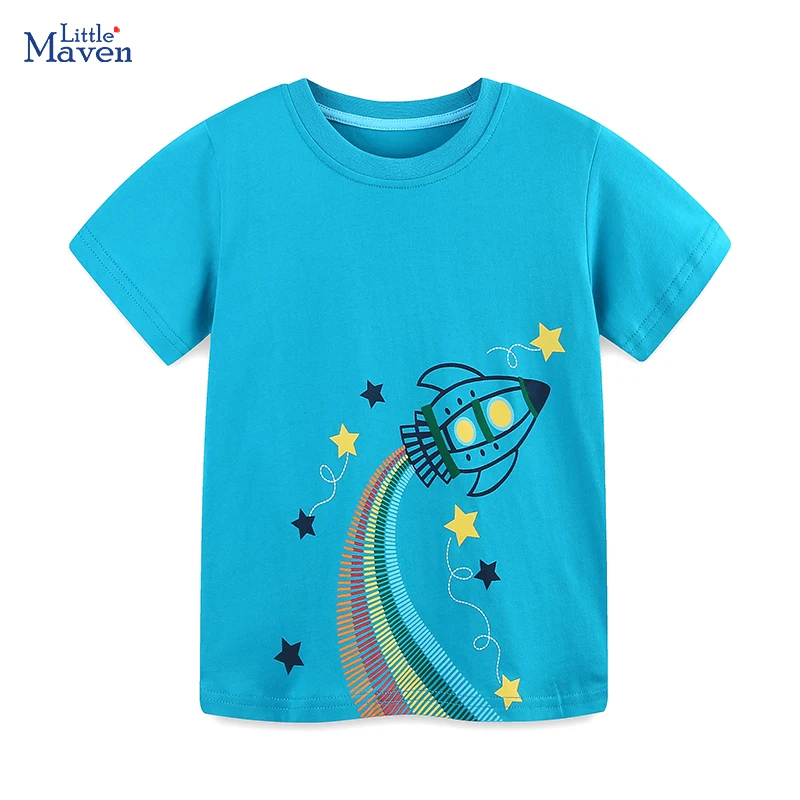 Little maven 2025 Summer Kids Clothes Baby Boys Galaxy Tops Children's Clothing Tees Toddler Cartoon Rockets T-Shirts For Boys