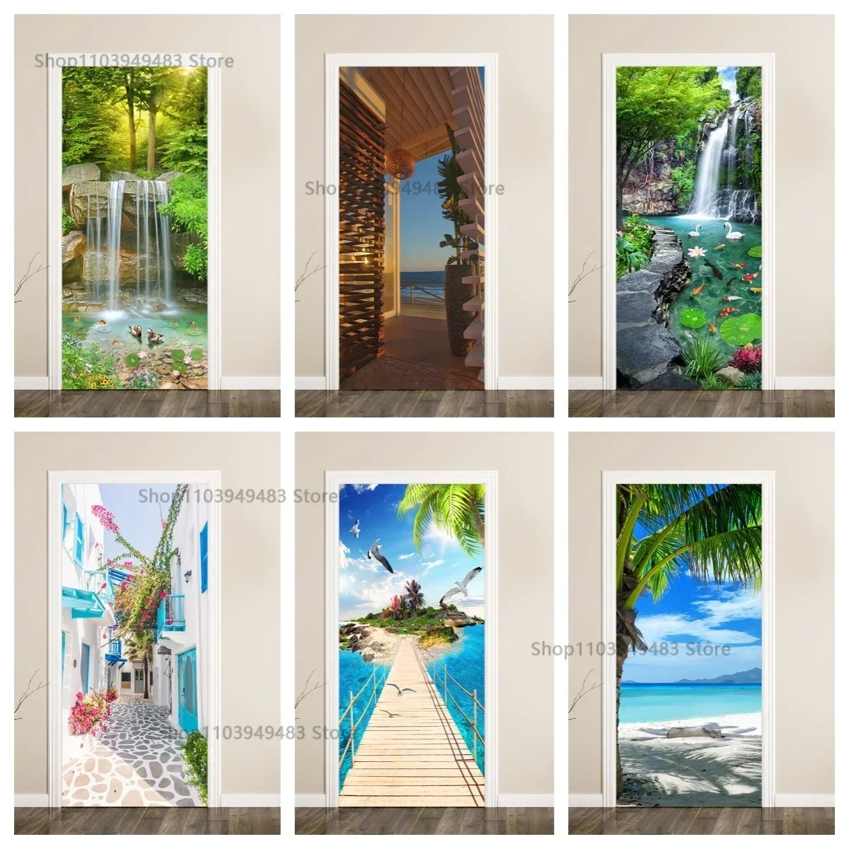 Beach Waterfall Natural Scenery Waterproof Self-adhesive Poster Renovation Doors Sticker for Wall Decals Home Decor Wallpaper