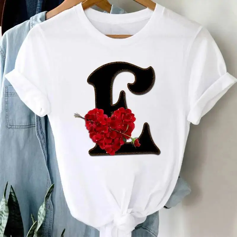 เสื้อยืดผู้หญิง รุ่น T 2021 ทรงโอเวอร์ไซส์ แฟชั่นสนุกๆ สไตล์เรโทร ลายตัวอักษรและดอกกุหลาบ คอกลม สีขาว เสื้อยืดผู้หญิง ไซส์ใหญ่พิเศษ XXXL