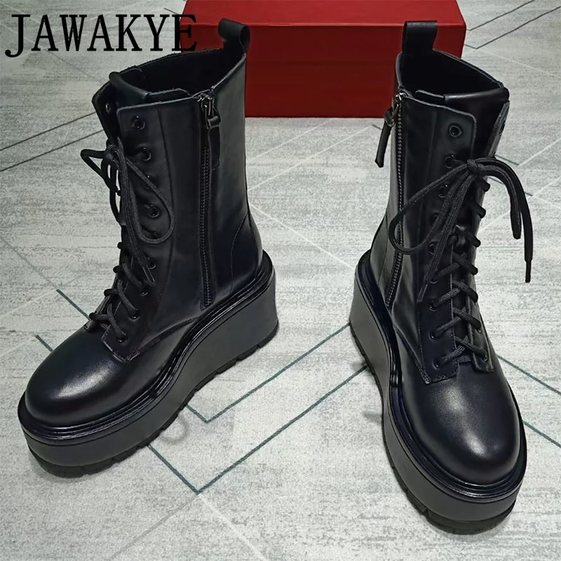 Hot Platform Thick Bottom Genuine Leather Boots Black Leather Lace up Ankle Boots Round Toe Runway Wedge Heels Motorcycle Boots