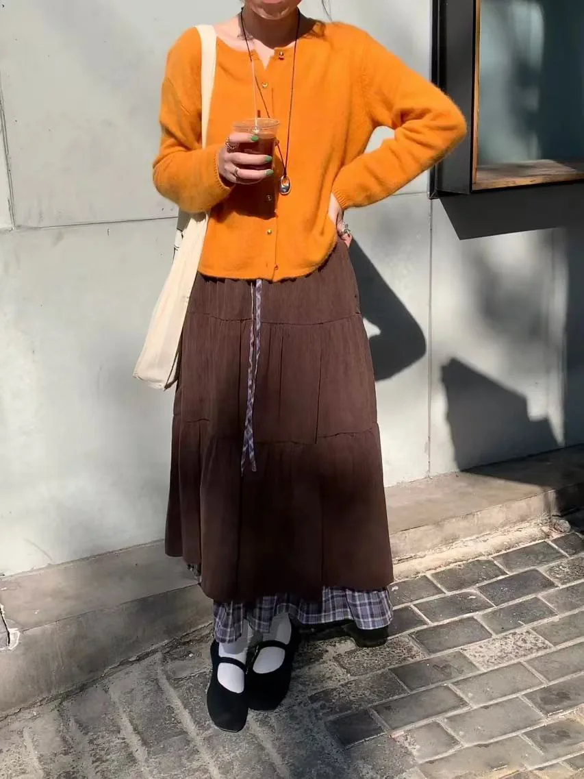 

Heavyweight Autumn Winter Double Layered Vintage Cake Skirt A-Line Midi Skirt Women's Corduroy Slimming Long Skirt