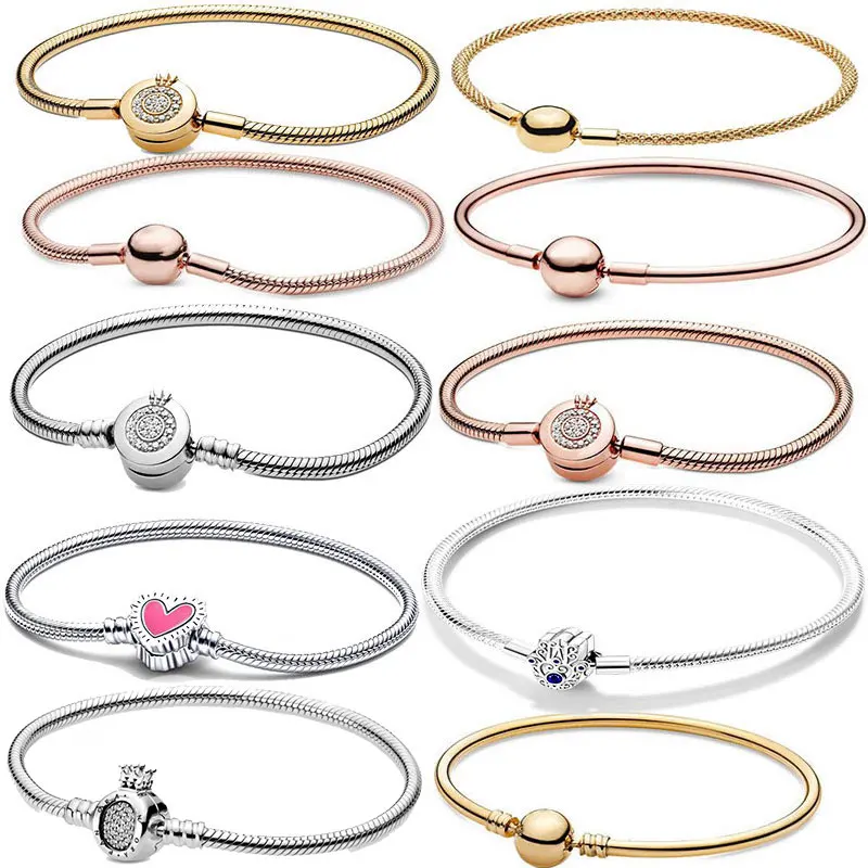 2023 New 925 Silver Color Charm Bracelet Rose Golden Color Daisy Flower Barrel Clasp Snake Chain Sliding Bangle Women Jewelry