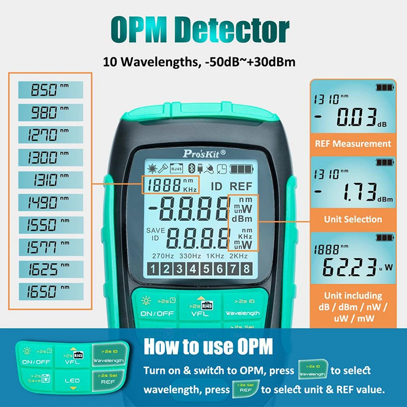 Pro'sKit 4in1 Fiber Optical Power Multimeter 30mW Output  Self Calibration 500 Data Storage Optical Power Meter Electric Tester