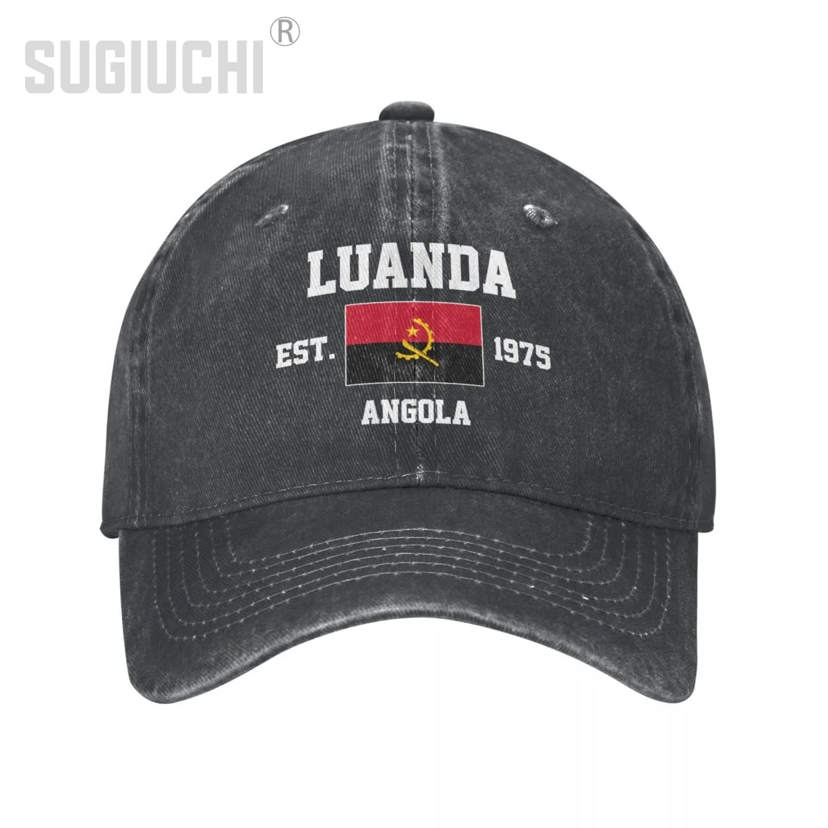 Flag of Angola EST.1975 Luanda Unisex Adult Charcoal Washed Denim Baseball Cap Men Vintage Cotton Dad Patriotic Trucker Hat