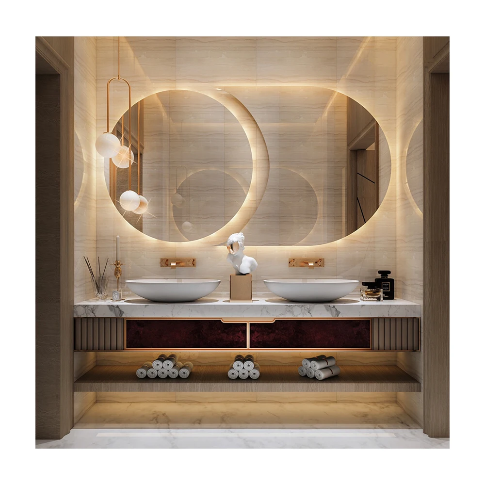 Custom Modern Bathroom Vanity & LED Lights With Large Overlap Mirror Quality Reflection Gold Hardware Smart Bathroom Mirror