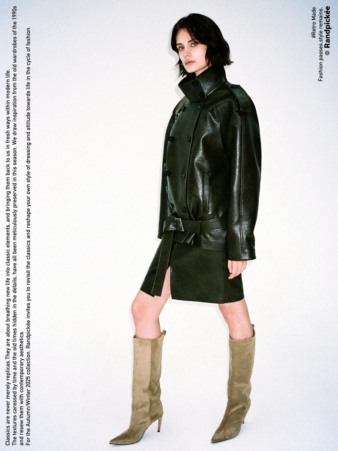 Cappotto da donna in pelle PU a collo alto con doppio bottone e spalle arrotondate, vestibilità ampia, serie retrò Randpiee