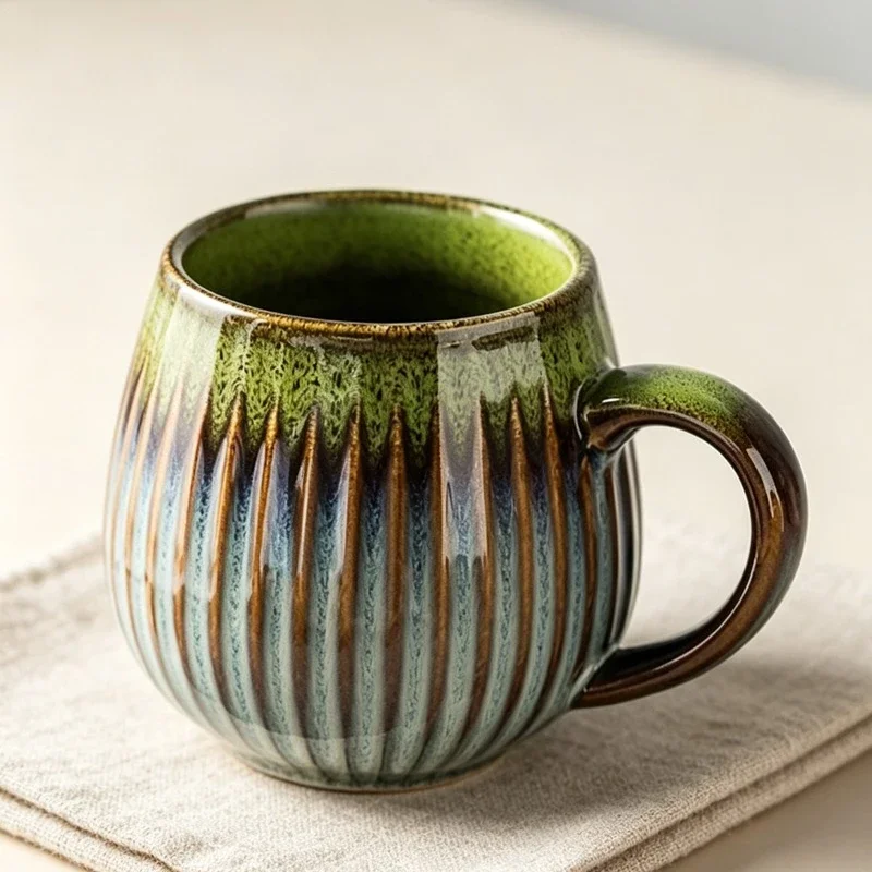 Glaze Kiln-Creative Vertical Pattern Water Mug with Handle, Coffee Cup, Large Capacity Ceramic, Retro Japanese Style Milk