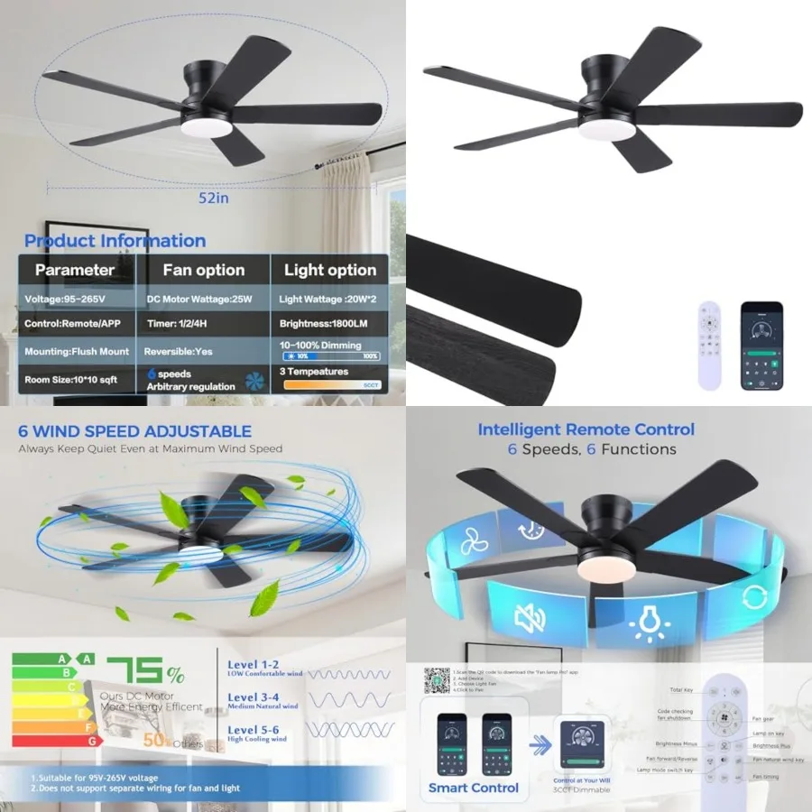 

52" Black Ceiling Fans with Lights and Remote - Flush Mount Fan Light with 5 Reversible Blades, 3CCT Dimmable, DC, Low Profile