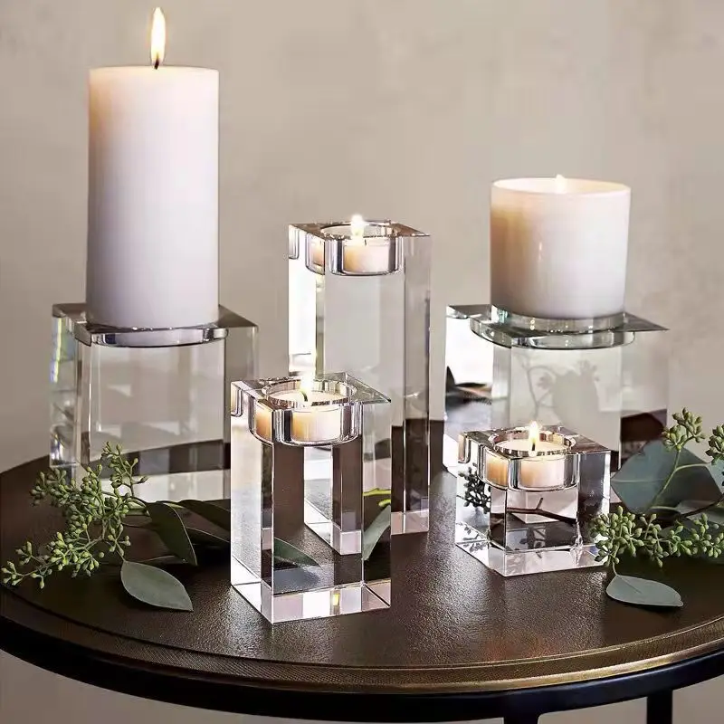 Crystal Tea Light Candle Holder, Square Glass Wish Candle Stand for Wedding, Dining, Living Room Decor Height 4,6, 8,10,12cm