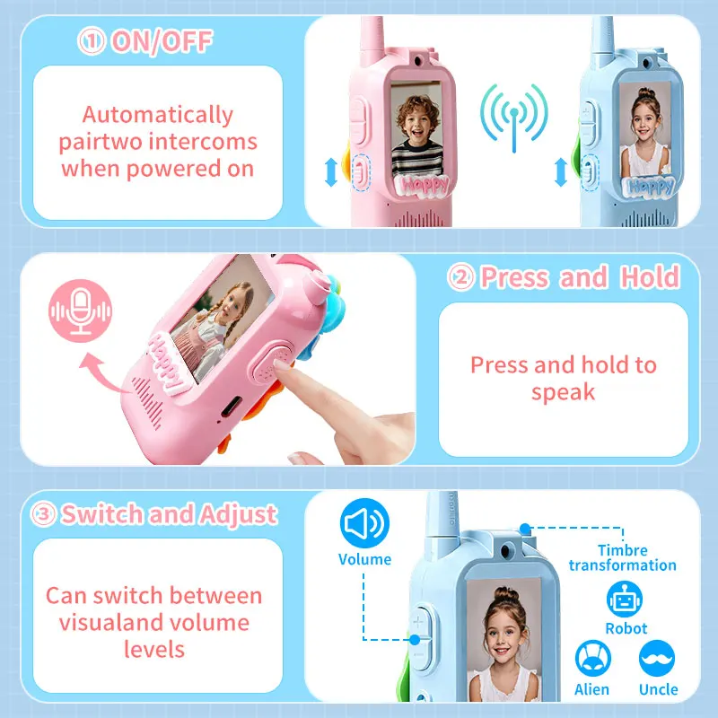 Walkie talkies de vídeo para crianças, 2 pacotes, recarregável, tela de alta definição de 2 polegadas, trocador de voz para crianças, gadgets, tecnologia, presente