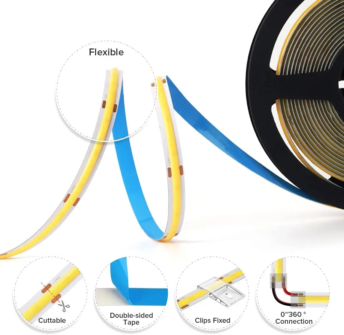 FCOB-Bande lumineuse LED, Source de lumière de ligne de film souple, 8mm de large, 10mm de large, 480 lumières et 528 lumières, 12V, 24V