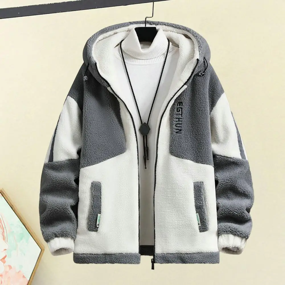 Winter and Autumn Granular Fleece Thicken Streetwear Men Jacket Coats Casual Hooded Lambswool Color Matching Keep Warm Fashion