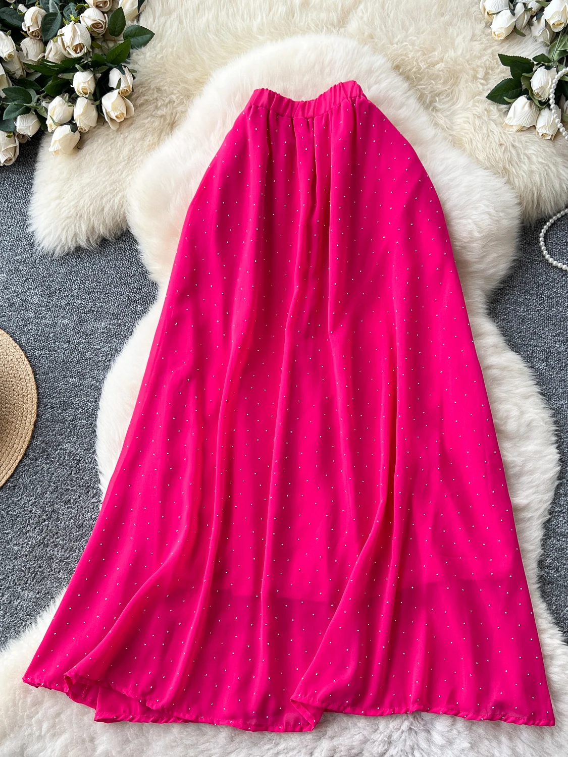 Gonna longuette a trapezio da donna con strass pesanti Ele Gonna longuette estiva a vita alta in chiffon snellente drappeggiato Ci Commute