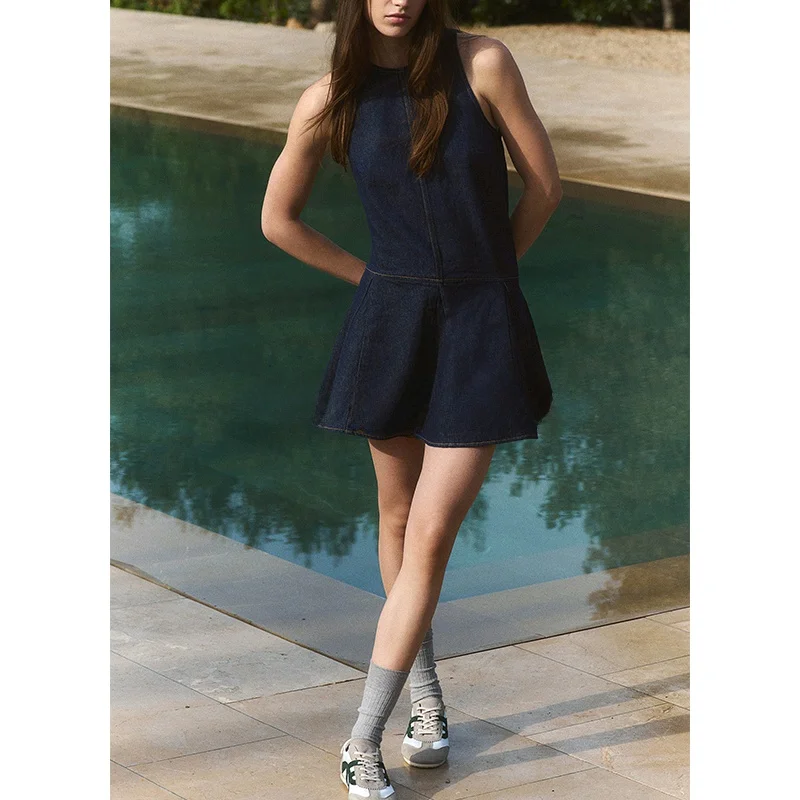 Spring Summer Women's Gored Decorative Cotton Svel round Ne A-Line Flared Skirt Denim Dr Casual Sle ort Skirt