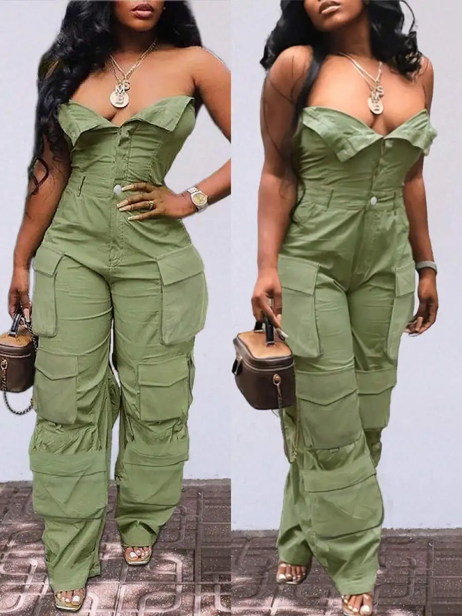 

Womens Green Strapless Cargo Jumpsuit With Pleated Detail Casual Summer Outfit