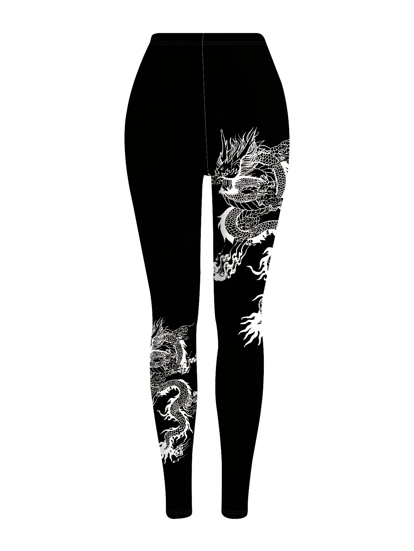 Women Fleece‑Lined Leggings Monochrome Oriental Dragon Side Print Mid‑Waist Winter Bottoms