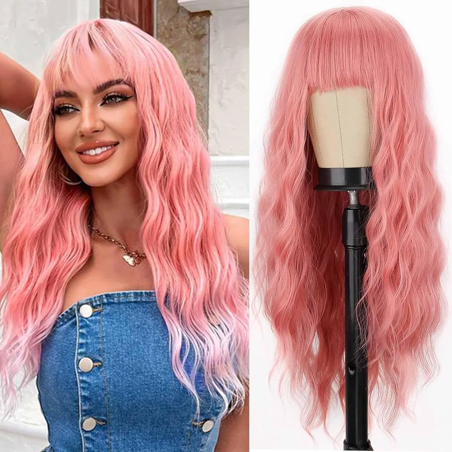 26 inch Pink Pastel Wigs with Bangs for Women Loose Wavy Wig Pastel Wavy Synthetic Cosplay Wig for Girl Colorful Costume Wigs