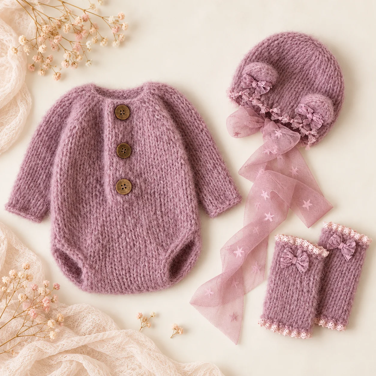Newborn Photography Props 3Pcs Knitted Romper Bonnet Leg Warmers Set Baby Girl Boy Infant Photo Shoot Outfit Costume