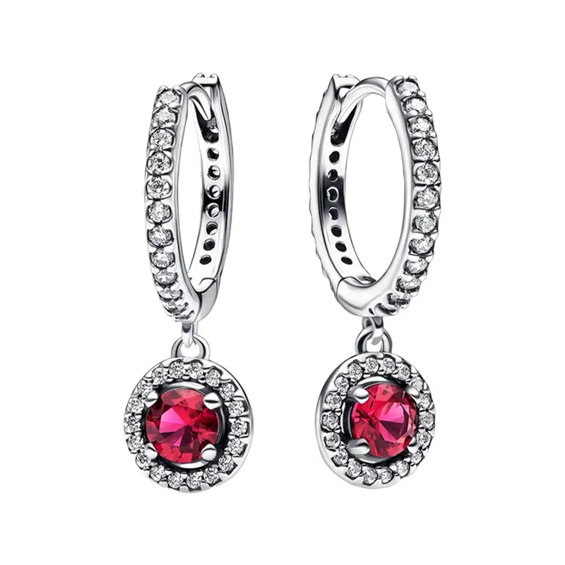 

Dangle Red Round Crystals Hoop Earrings For Women 925 Sterling Silver Original Fine Jewelry Pave Setting Clear Zircons Love Gift