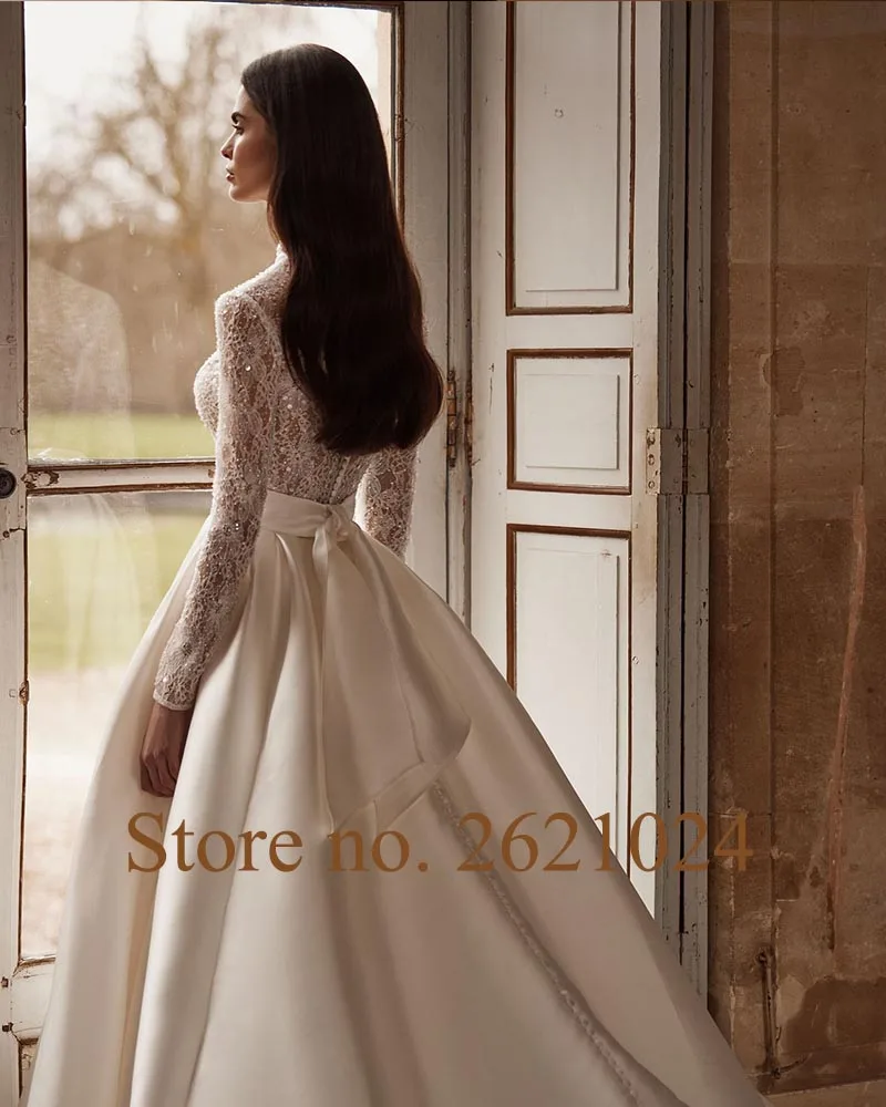 a line wedding dress modest Modern Floral A-Line Boho Lace Satin Sleeved Wedding Dress Sexy Elegan –  DorrisDress main image 0