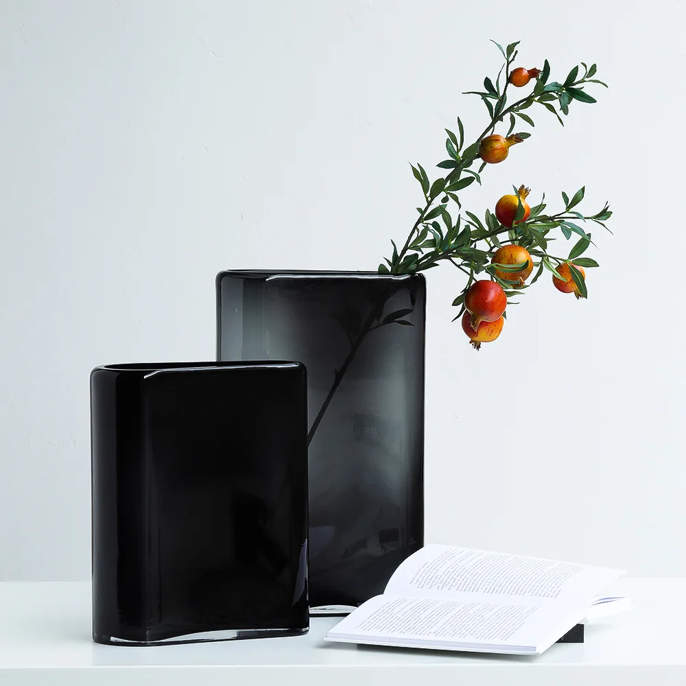 

Nordic Simple Atmosphere Irregular Large Flat Bucket Flower Glass Vase Design Brown Soft Tabletop Ornament Crystal Vase