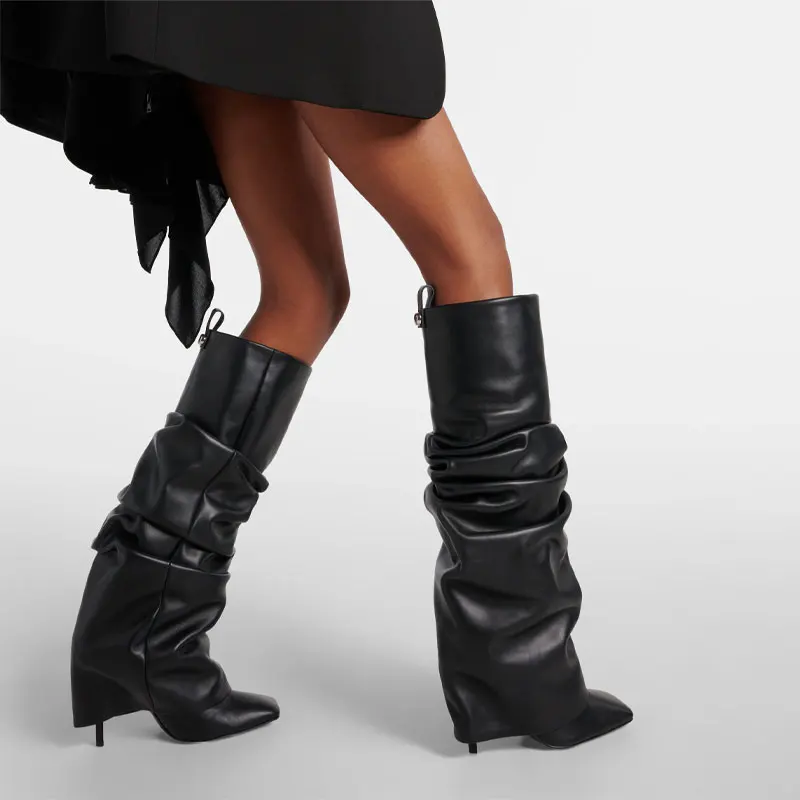 

Black Beige Pleated Lazy Knee High Skirt Boots European American Spicy Girls High Heel Trouser Boots Fashion Sexy 43 Women Shoes