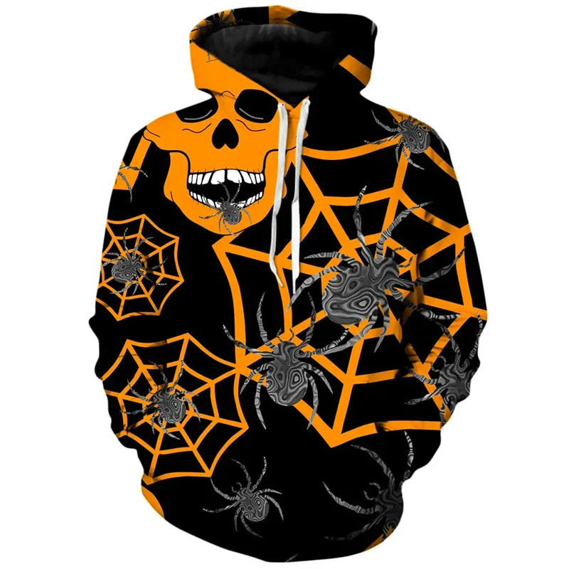 3D Print Halloween Spider Webs Hoodies For Men Skull Cosplay Graphic Pullovers Casual Long Sleeves Hooded Sweatshirts Streetwear