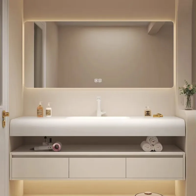 High-quality 60 Inch Plywood Bathroom Cabinet With Led Mirror Wall Hung Vanity Restroom Sink Cabinet