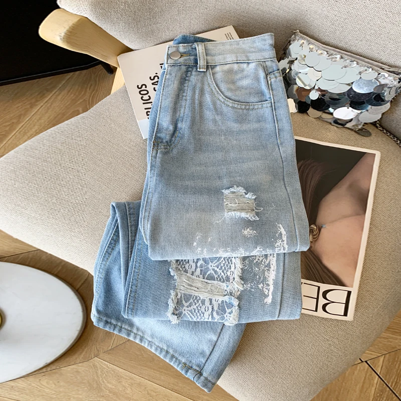

Women's Y2k Baggy Ripped Lace Jeans Harajuku Vintage Oversize Denim Trousers Japanese 2000s Style Straight Jeans Pants Clothes