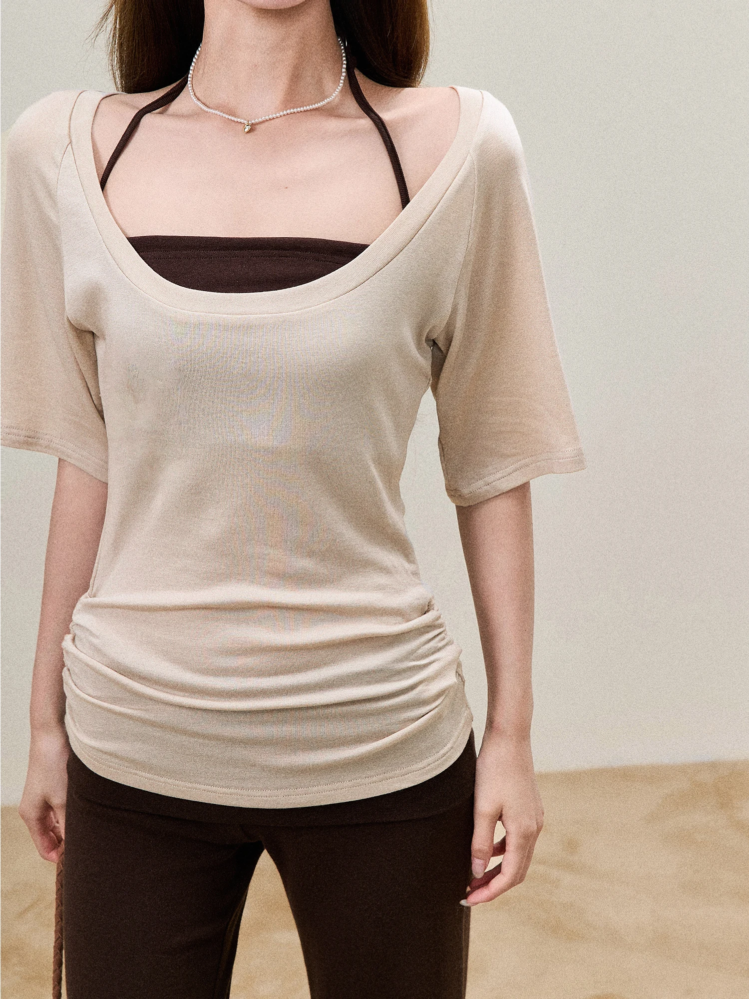 BBT Sweety Silk Wool Loose Short Sleeve T-Shirt Women Summer Slimming Relaxing U-Neck Casual Style Pure Color Universal Fit