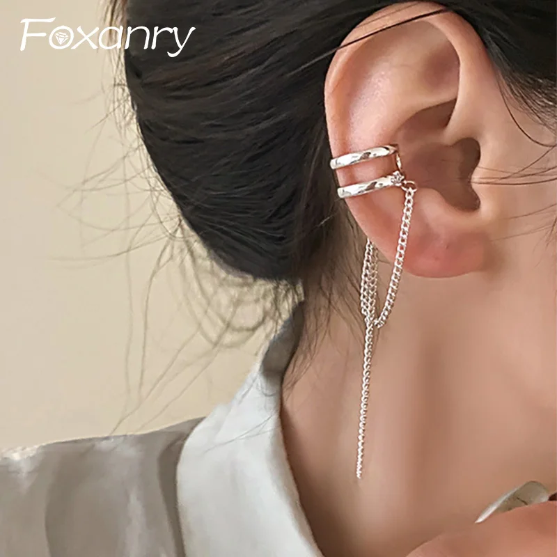 Foxanry Prevent Allergy Chain Tassel Ear Clip Bride Earrings for Women New Fashion Simple Double-layered Geometric Party Jewelry